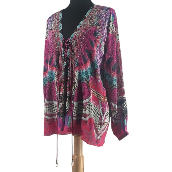 Camilla Desert Discotheque silk blouse lace-up heavily embellished boho sz 8 - Picture 11 of 13